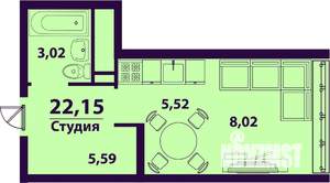 1-к квартира, строящийся дом, 22м2, 11/24 этаж