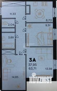 3-к квартира, вторичка, 64м2, 12/24 этаж