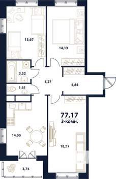 3-к квартира, строящийся дом, 77м2, 15/16 этаж