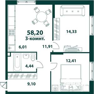 3-к квартира, строящийся дом, 58м2, 1/24 этаж