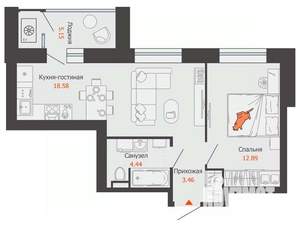 1-к квартира, вторичка, 42м2, 2/9 этаж