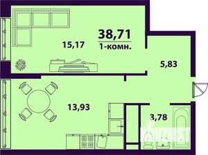 1-к квартира, строящийся дом, 39м2, 13/24 этаж