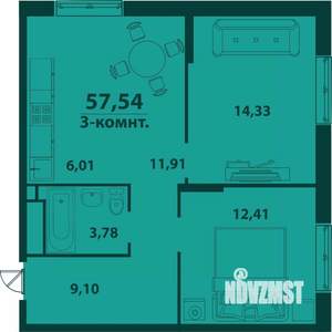 3-к квартира, строящийся дом, 58м2, 2/24 этаж