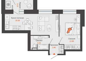 1-к квартира, вторичка, 42м2, 8/9 этаж