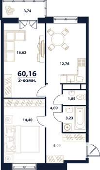 2-к квартира, строящийся дом, 60м2, 12/16 этаж