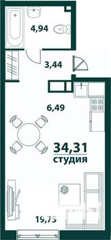 1-к квартира, строящийся дом, 34м2, 6/24 этаж