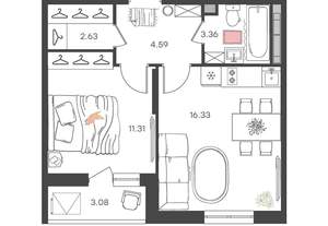 2-к квартира, вторичка, 38м2, 3/16 этаж