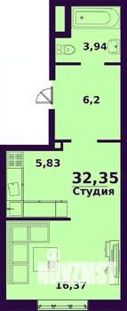 1-к квартира, строящийся дом, 32м2, 2/24 этаж