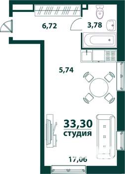 1-к квартира, строящийся дом, 33м2, 3/24 этаж