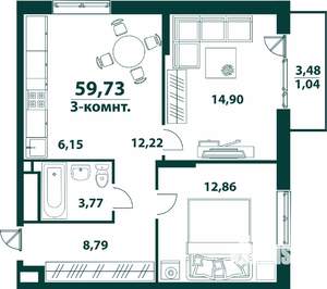 3-к квартира, строящийся дом, 60м2, 24/24 этаж