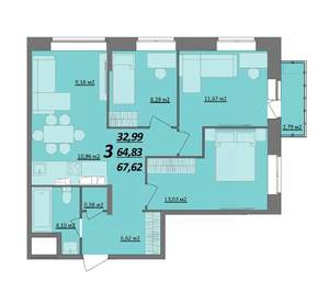 3-к квартира, сданный дом, 68м2, 4/10 этаж
