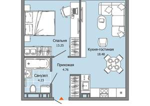 1-к квартира, строящийся дом, 41м2, 4/9 этаж
