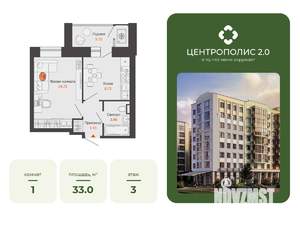 1-к квартира, вторичка, 33м2, 3/8 этаж