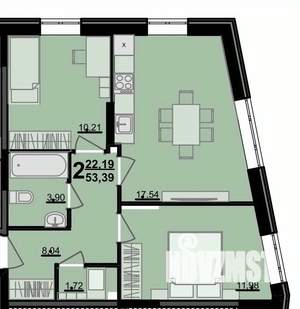 2-к квартира, строящийся дом, 53м2, 1/9 этаж