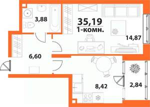 1-к квартира, строящийся дом, 35м2, 4/24 этаж
