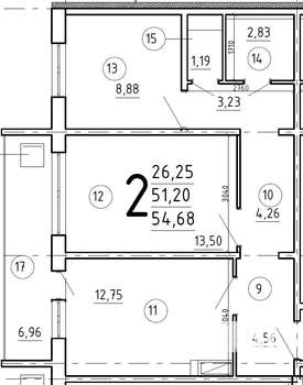 2-к квартира, вторичка, 55м2, 12/18 этаж