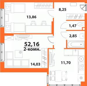 2-к квартира, строящийся дом, 52м2, 12/24 этаж