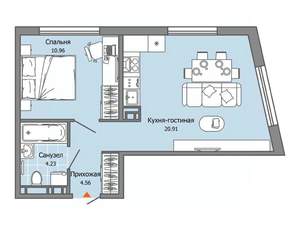 1-к квартира, строящийся дом, 41м2, 3/7 этаж