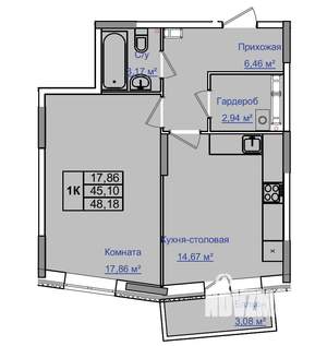 1-к квартира, строящийся дом, 48м2, 6/9 этаж