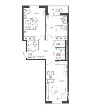 3-к квартира, вторичка, 66м2, 3/16 этаж