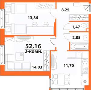 2-к квартира, строящийся дом, 52м2, 2/24 этаж