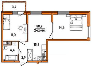 2-к квартира, вторичка, 51м2, 15/16 этаж