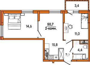 2-к квартира, строящийся дом, 51м2, 15/16 этаж