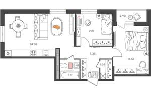 3-к квартира, вторичка, 62м2, 3/16 этаж