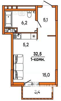 1-к квартира, строящийся дом, 33м2, 15/16 этаж