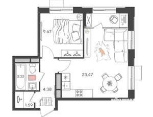 2-к квартира, вторичка, 42м2, 14/24 этаж
