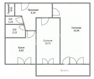 2-к квартира, вторичка, 44м2, 9/9 этаж
