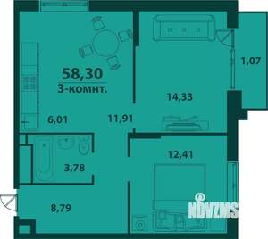3-к квартира, строящийся дом, 59м2, 13/24 этаж