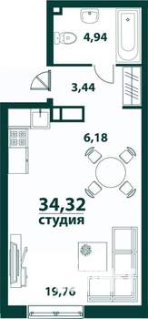 1-к квартира, строящийся дом, 34м2, 2/24 этаж