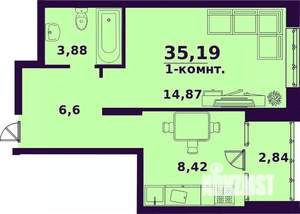 1-к квартира, строящийся дом, 35м2, 21/24 этаж