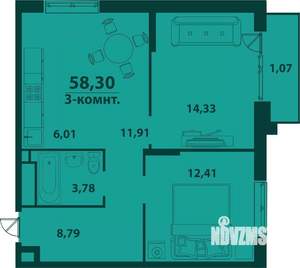 3-к квартира, строящийся дом, 59м2, 18/24 этаж
