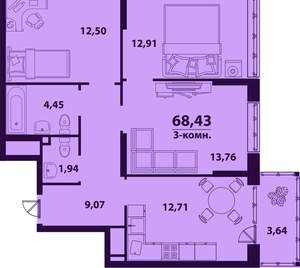 3-к квартира, вторичка, 68м2, 19/24 этаж