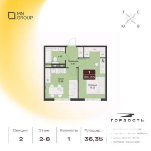 1-к квартира, вторичка, 36м2, 5/9 этаж