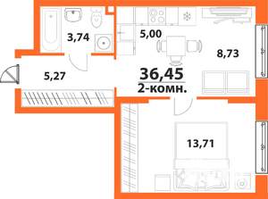 2-к квартира, строящийся дом, 36м2, 23/24 этаж