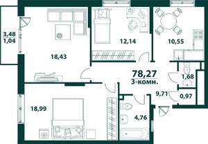 3-к квартира, строящийся дом, 78м2, 22/24 этаж