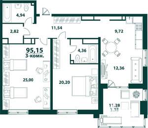 3-к квартира, строящийся дом, 95м2, 19/24 этаж