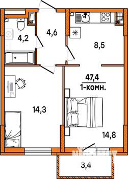 1-к квартира, строящийся дом, 47м2, 2/16 этаж