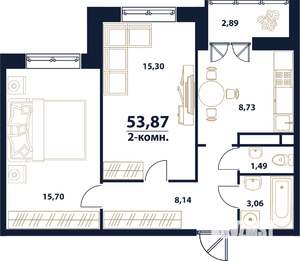 2-к квартира, строящийся дом, 54м2, 1/16 этаж