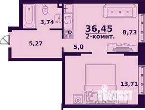 2-к квартира, строящийся дом, 36м2, 24/24 этаж