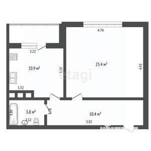 1-к квартира, вторичка, 49м2, 3/4 этаж