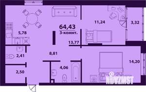 3-к квартира, строящийся дом, 64м2, 18/24 этаж