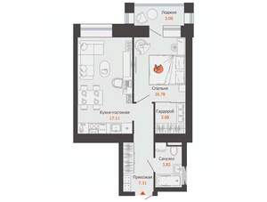 1-к квартира, строящийся дом, 44м2, 3/6 этаж