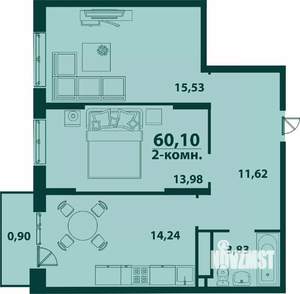 2-к квартира, строящийся дом, 60м2, 23/24 этаж