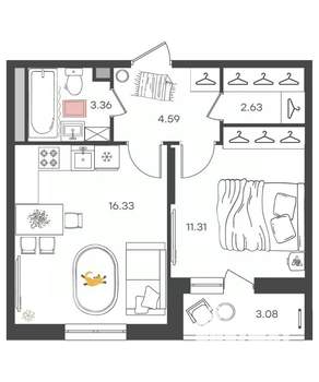 2-к квартира, вторичка, 38м2, 3/16 этаж