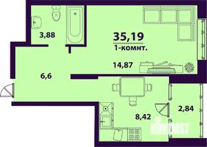 1-к квартира, строящийся дом, 35м2, 23/24 этаж