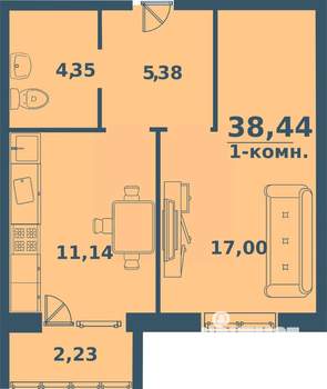 1-к квартира, строящийся дом, 38м2, 1/77 этаж